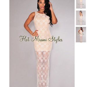 White Lace Nude Illusion Maxi Dress